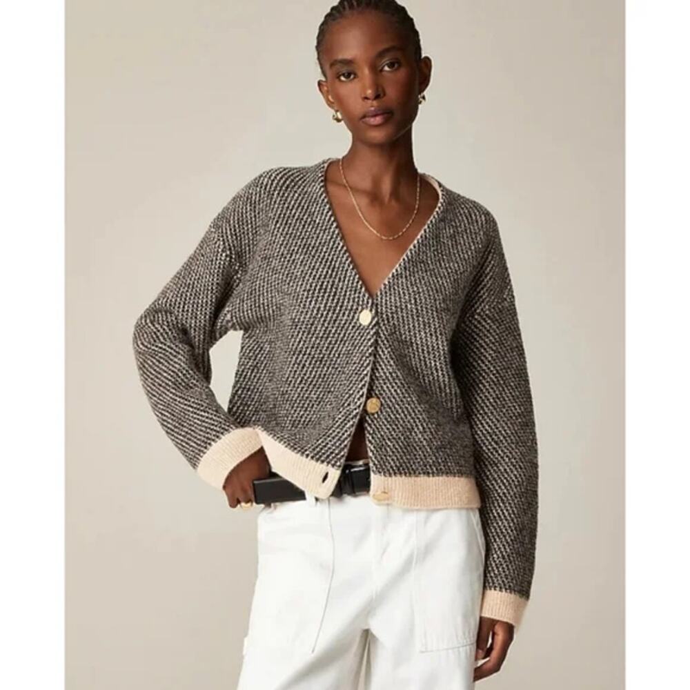 J.Crew Jacquard V-Neck Lady Jacket Cardigan Wool Blend Black/Cream Size Large